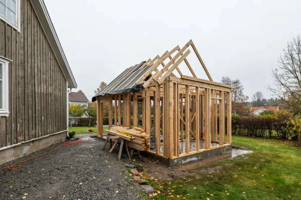 planera en liten hallutbyggnad med sadeltak och stomme